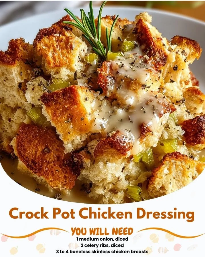 Crock Pot Chicken and Dressing served in a dish with herbs and spices