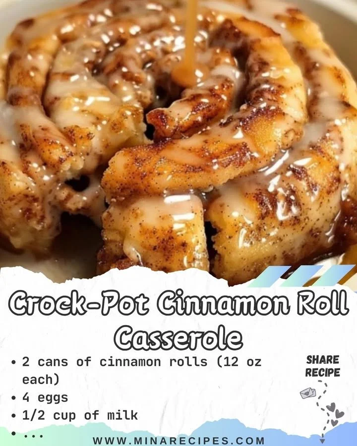 Delicious Crock-Pot cinnamon roll casserole topped with icing and cinnamon.