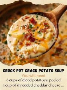 Bowl of creamy Crack Potato Soup made in a Crock Pot, garnished with herbs.