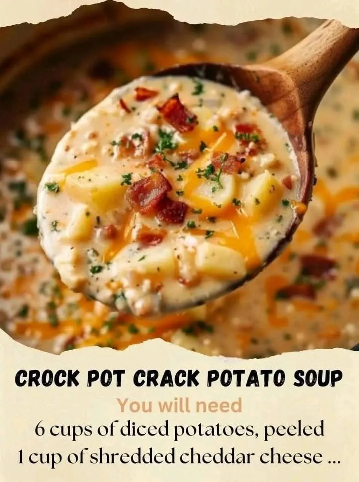 Bowl of creamy Crack Potato Soup made in a Crock Pot, garnished with herbs.