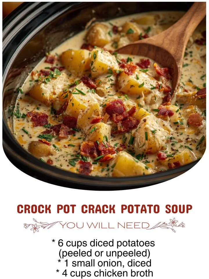Bowl of Crock Pot Crack Potato Soup garnished with green onions and bacon