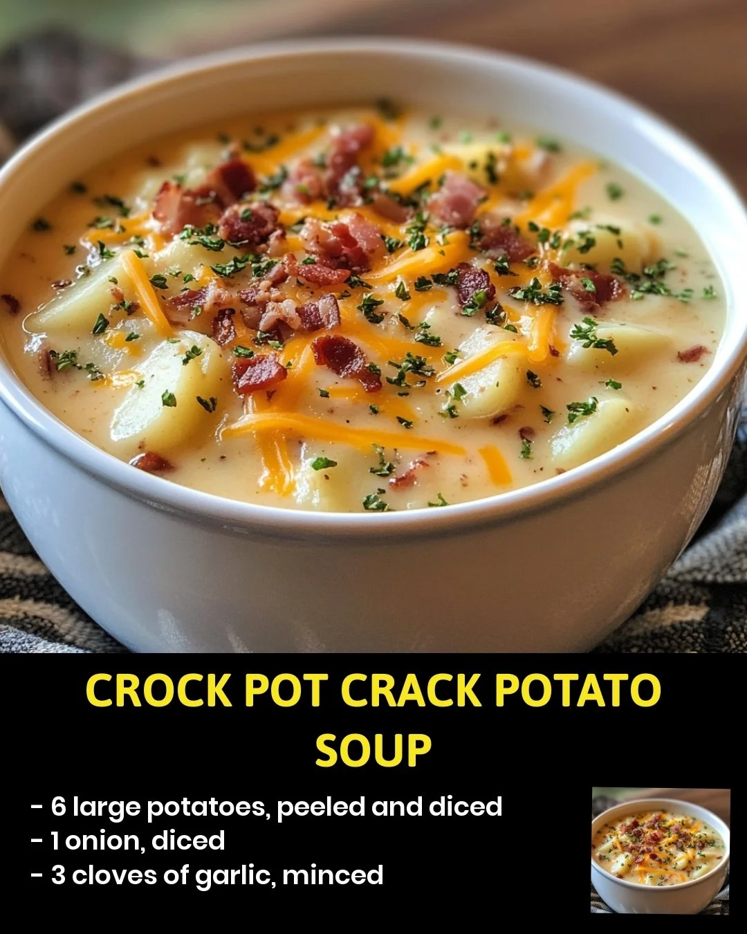 Delicious Crock Pot Crack Potato Soup served in a bowl garnished with herbs