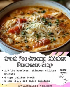 Bowl of creamy chicken parmesan soup garnished with herbs and cheese