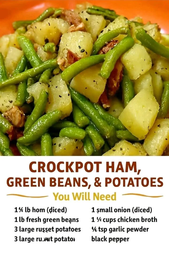 Crock Pot Ham with green beans and potatoes served on a plate