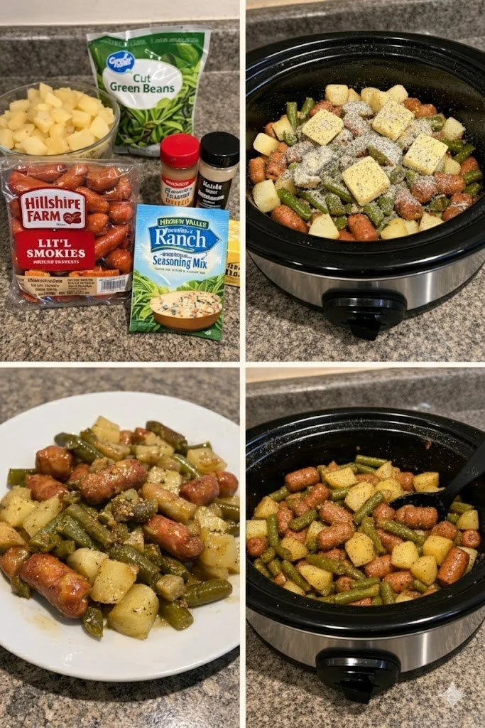 Crock Pot Lil Smokies served with potatoes and green beans in a dish