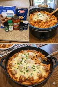 Crock Pot Meatballs with Penne served in a bowl garnished with parsley