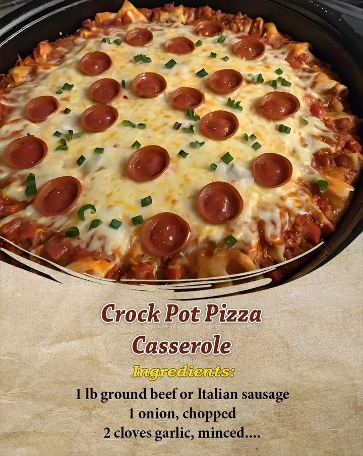 Crock Pot pizza casserole with gooey cheese and pepperoni served in a bowl