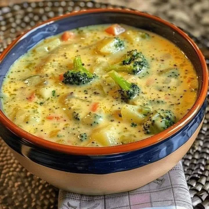 Bowl of creamy Crock Pot Potato Broccoli Cheddar Soup topped with cheddar cheese.