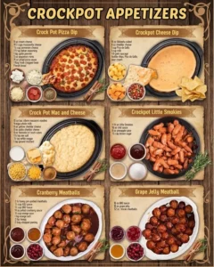 A variety of crockpot appetizers ready for serving at a party or gathering.