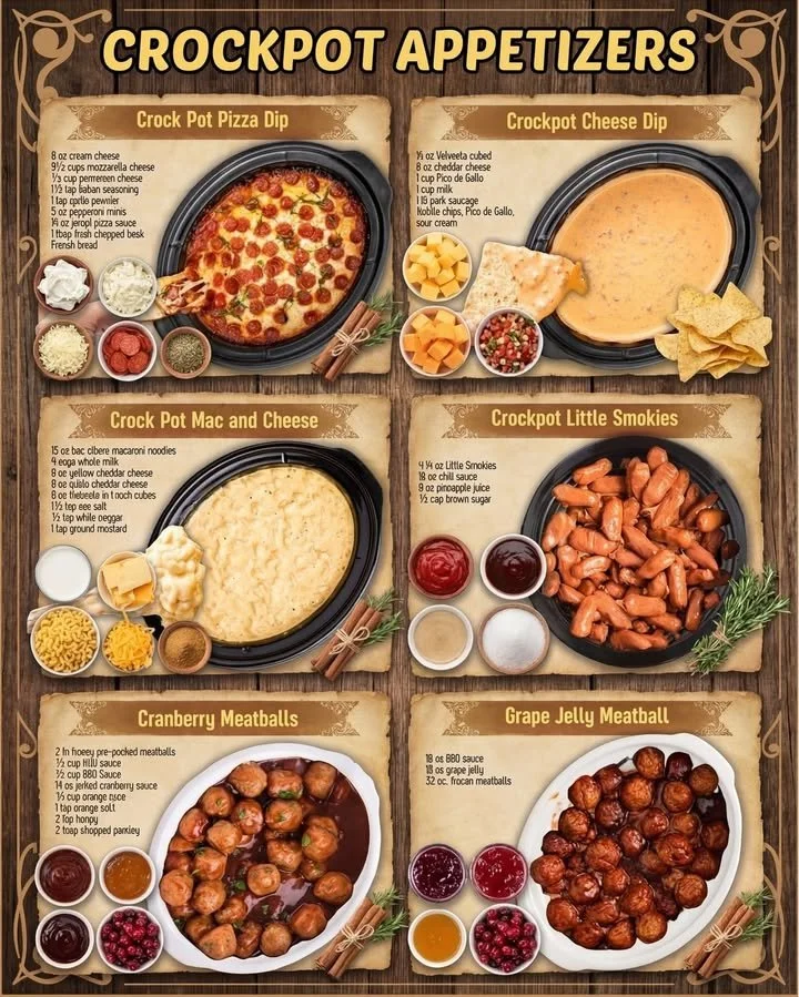 A variety of crockpot appetizers ready for serving at a party or gathering.