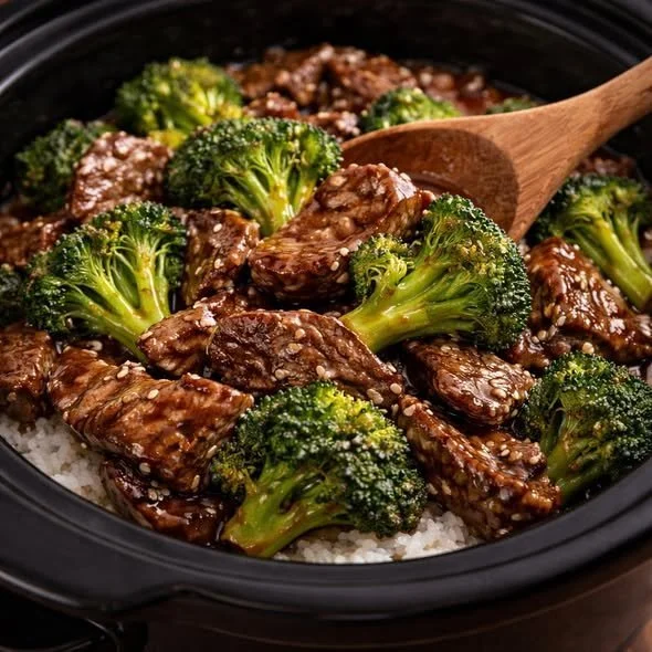 Crockpot Beef & Broccoli dish served in a bowl with rice
