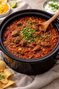 Delicious bowl of Crockpot Beef Chili topped with cheese and fresh herbs