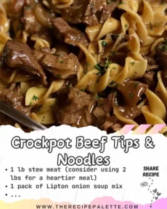 Delicious crockpot beef tips served with noodles in a savory sauce