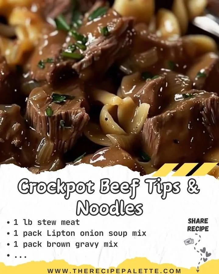 Crockpot beef tips served with noodles in a savory sauce