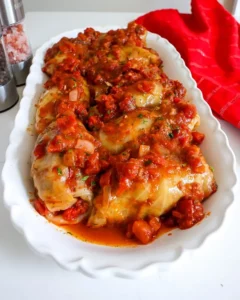 Delicious Crockpot Cabbage Rolls ready to serve with a flavorful tomato sauce.