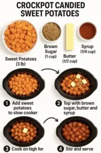 Crockpot candied sweet potatoes served in a bowl with syrup and pecans