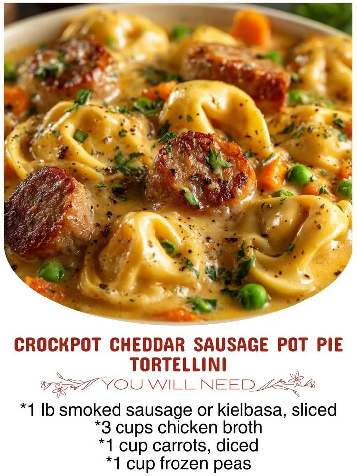 Crockpot Cheddar Sausage Pot Pie with Tortellini served in a bowl.
