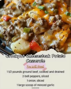 Crockpot cheesesteak potato casserole served in a dish, garnished with parsley.