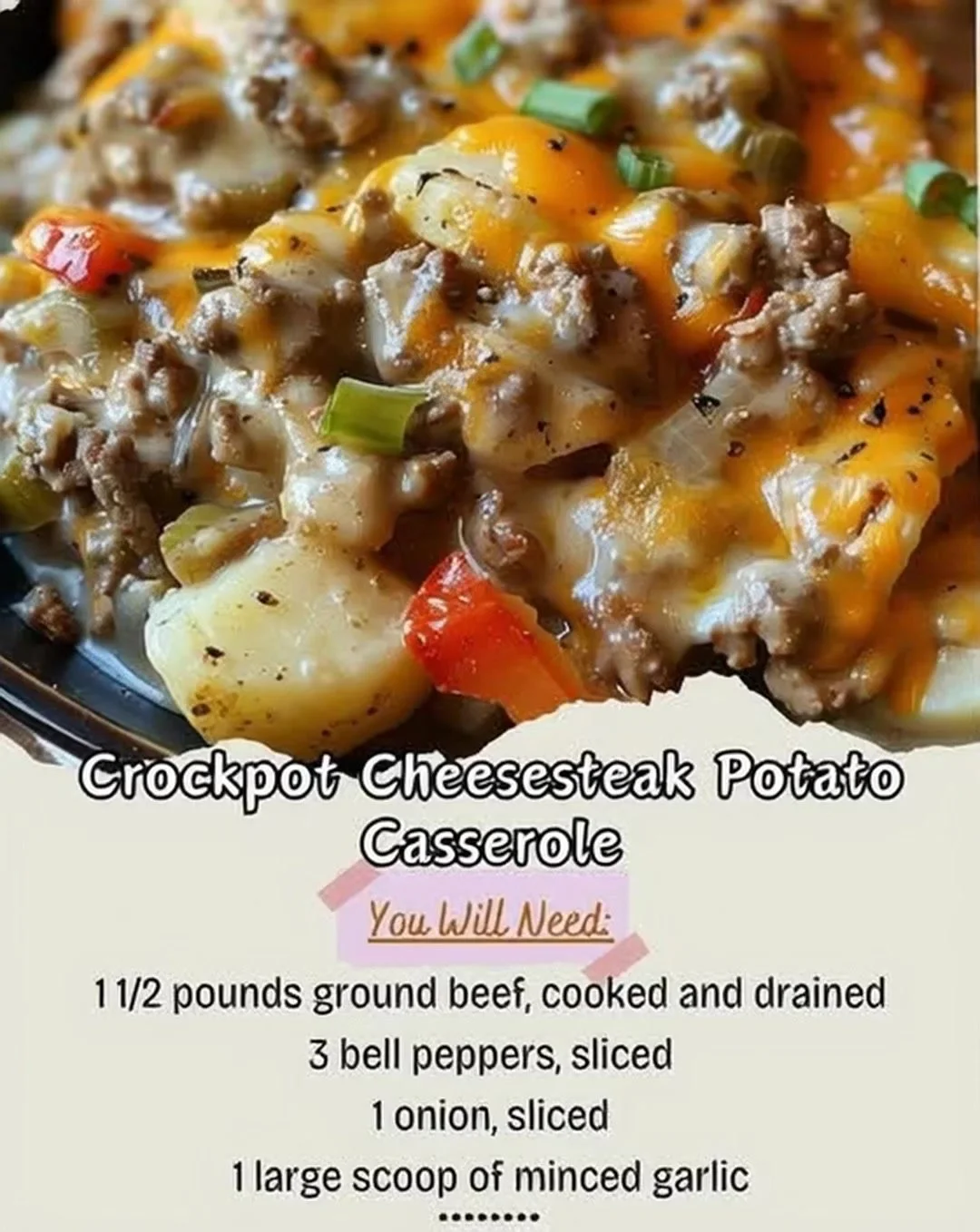 Crockpot cheesesteak potato casserole served in a dish, garnished with parsley.