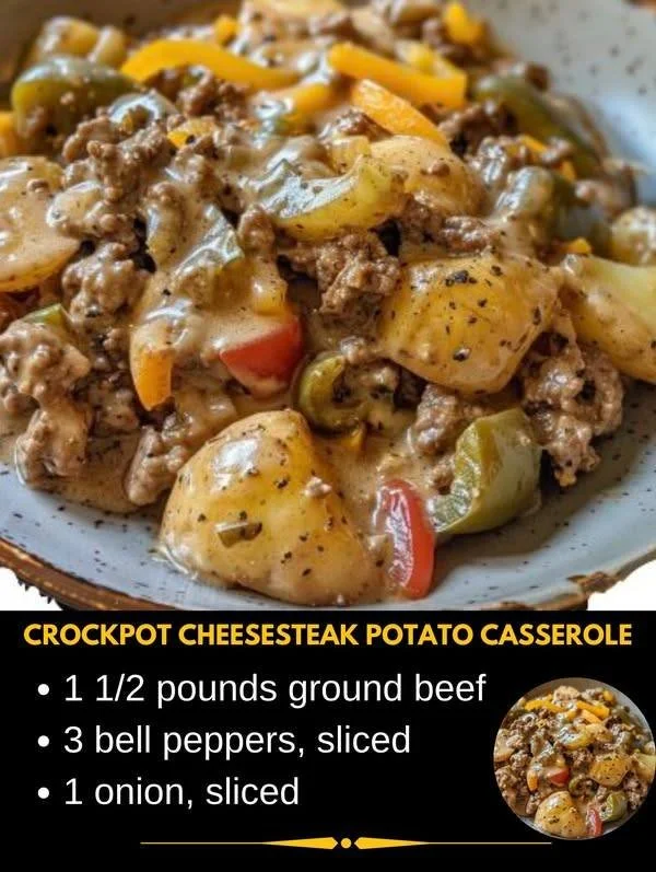 Crockpot cheesesteak potato casserole with melted cheese and beef