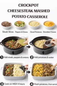 Crockpot cheesesteak potato casserole served in a bowl