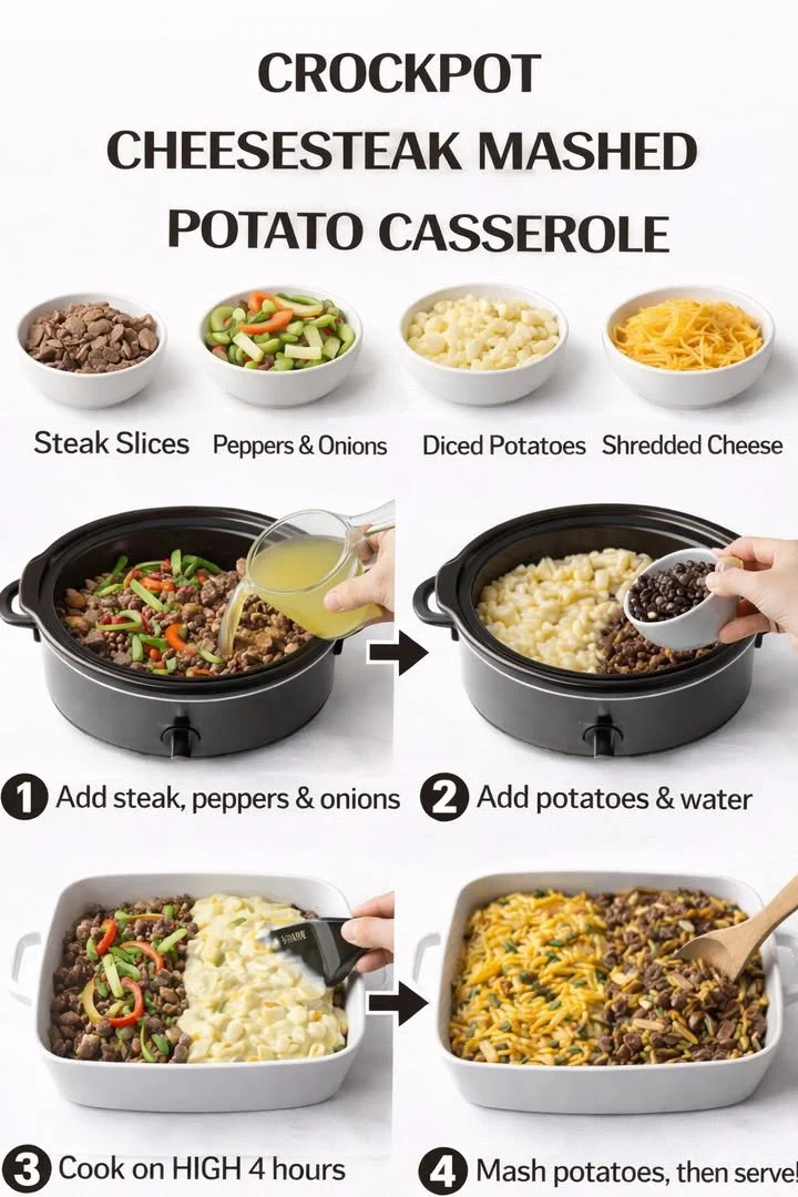 Crockpot cheesesteak potato casserole served in a bowl
