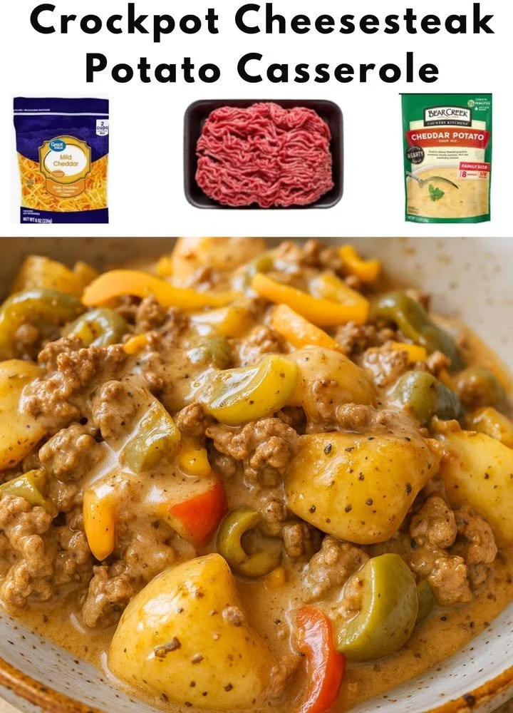 Crockpot cheesesteak potato casserole garnished with green onions and cheese