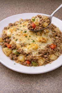 Delicious Crockpot cheesesteak potato casserole topped with melted cheese