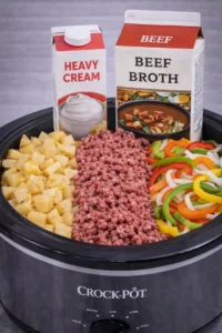 Crockpot cheesesteak potato casserole served in a bowl