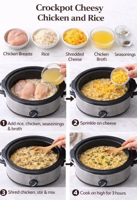 Crockpot dish of cheesy chicken rice served in a bowl