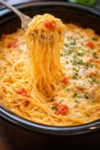 Crockpot Cheesy Chicken Spaghetti garnished with herbs in a bowl