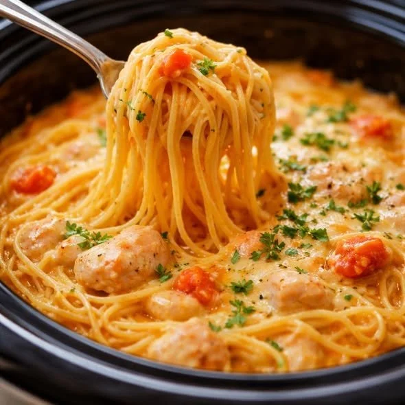 Delicious Crockpot Cheesy Chicken Spaghetti dish served in a bowl