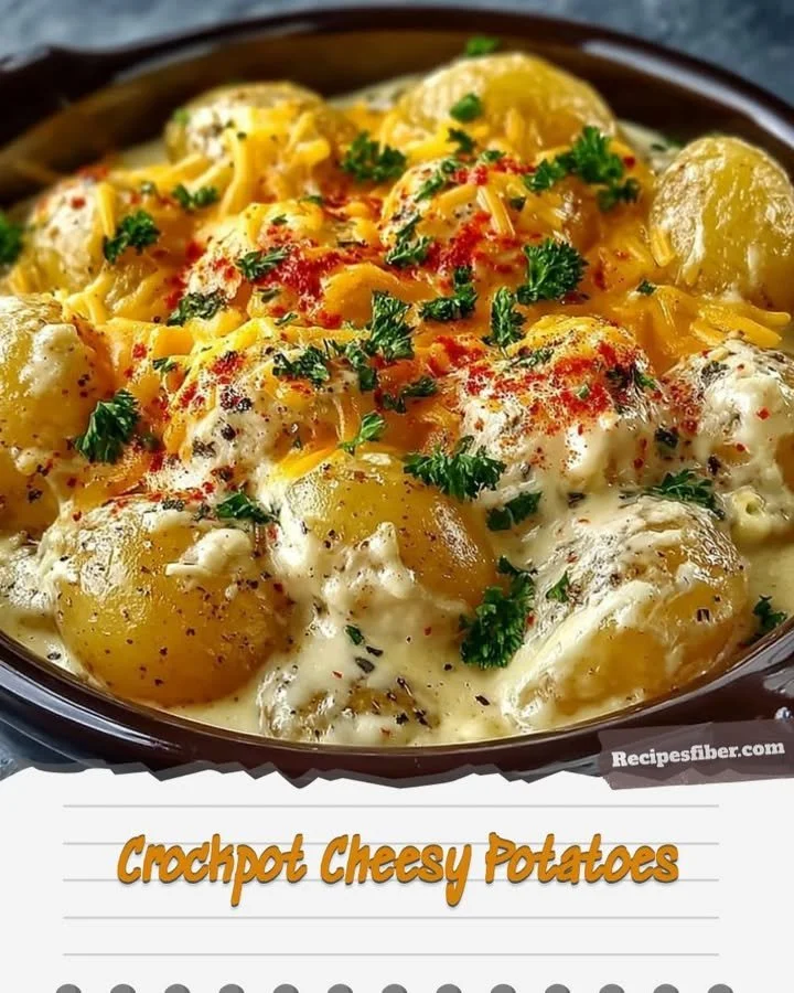 Crockpot Cheesy Potatoes served in a dish, looking creamy and delicious.