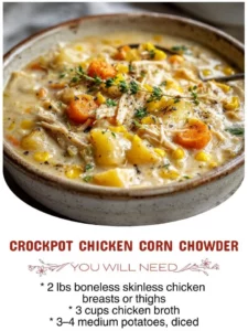Bowl of Crockpot Chicken Corn Chowder topped with herbs and served with bread