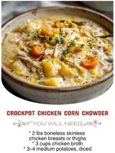 Bowl of creamy Crockpot Chicken Corn Chowder with corn and chicken pieces