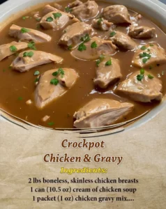 Crockpot Chicken and Gravy served in a bowl with herbs