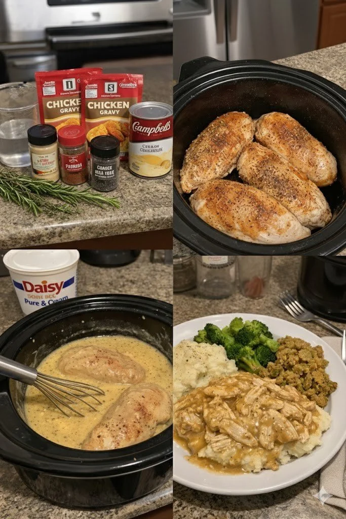 Delicious crockpot chicken and gravy served with mashed potatoes