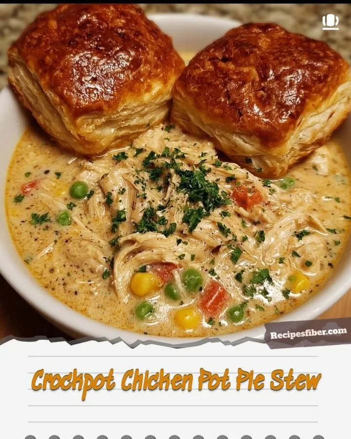 Crockpot Chicken Pot Pie Stew in a bowl with fresh herbs on top