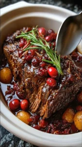 Crockpot Christmas Cranberry Pot Roast served on a festive table