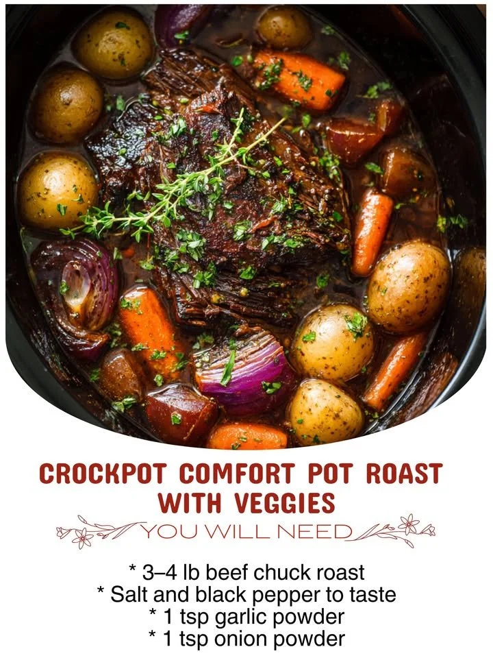 Delicious Crockpot Comfort Pot Roast with mixed veggies in a serving dish