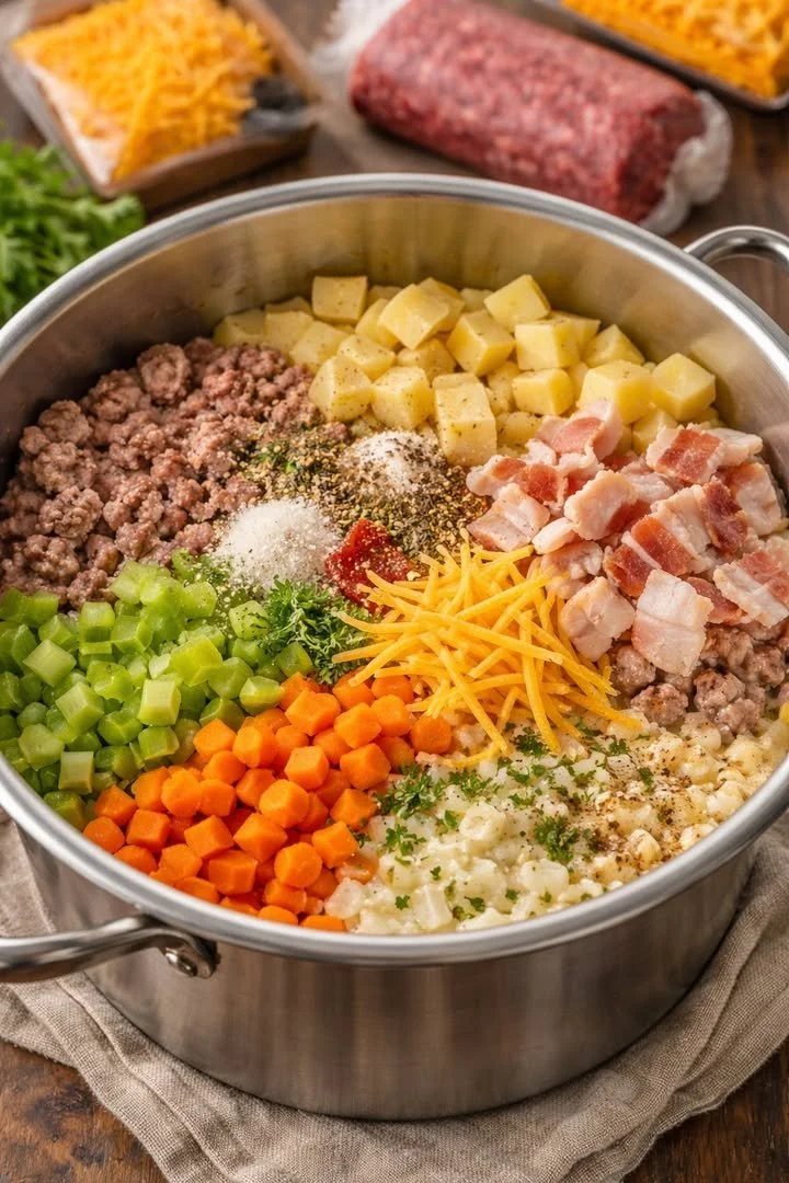 A bowl of creamy potato hamburger soup made in a slow cooker.