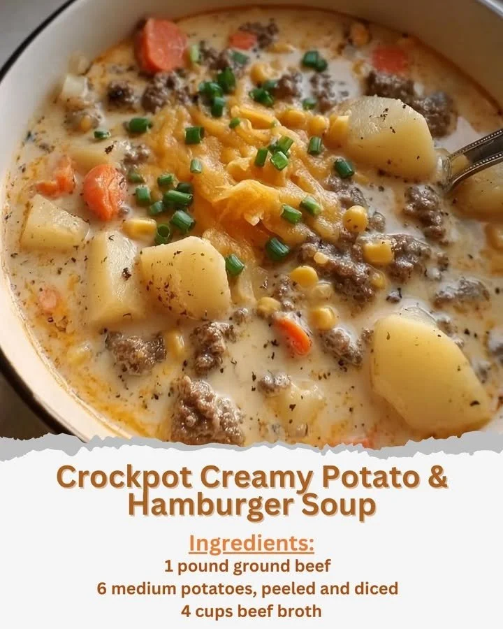 Crockpot Creamy Potato & Hamburger Soup garnished with herbs in a bowl