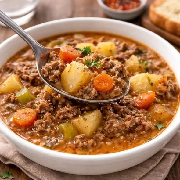 Crockpot creamy potato hamburger soup served in a bowl with fresh herbs.