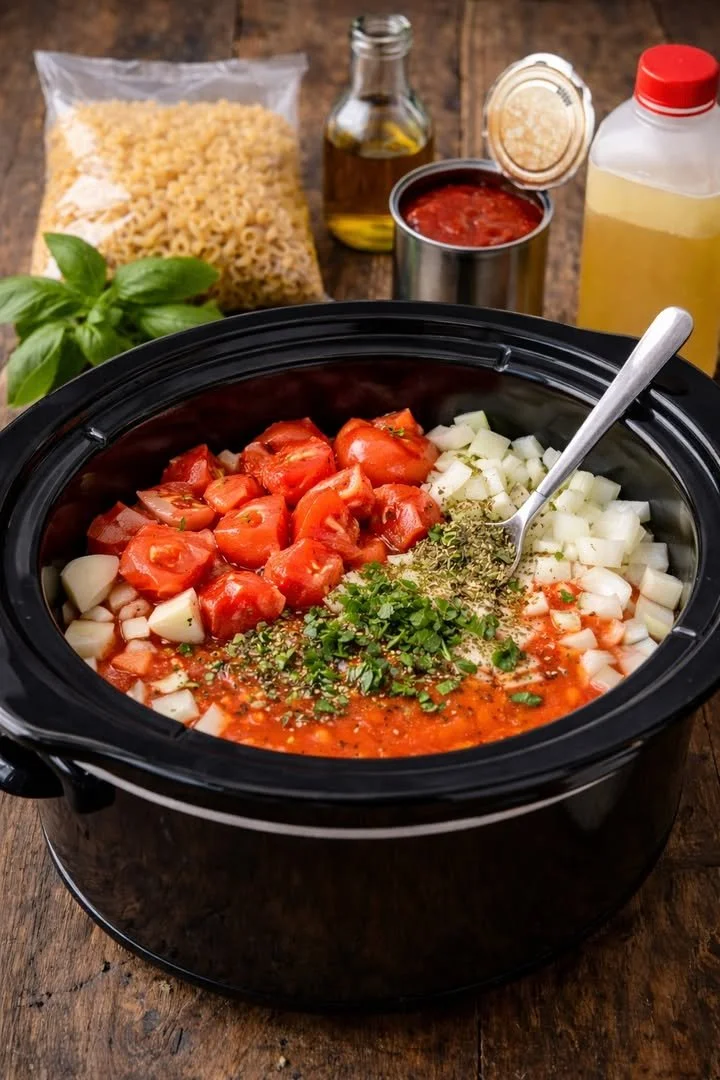 Bowl of homemade crockpot creamy tomato soup garnished with fresh basil