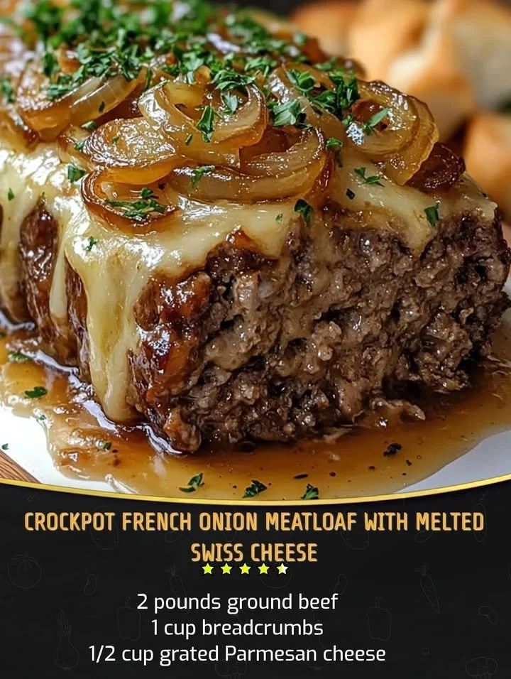 Crockpot French Onion Meatloaf topped with gooey melted Swiss cheese