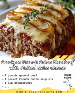 Crockpot French Onion Meatloaf topped with melted Swiss cheese