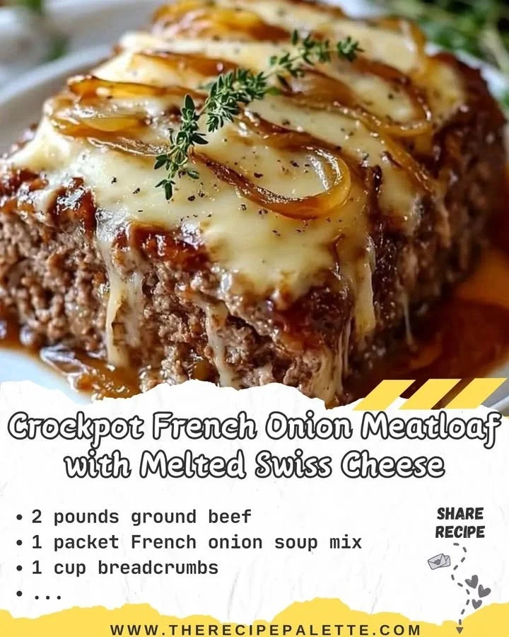 Crockpot French Onion Meatloaf topped with melted Swiss cheese