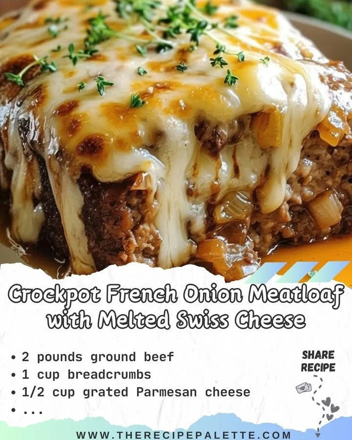 Crockpot French Onion Meatloaf with melted Swiss cheese garnished with herbs