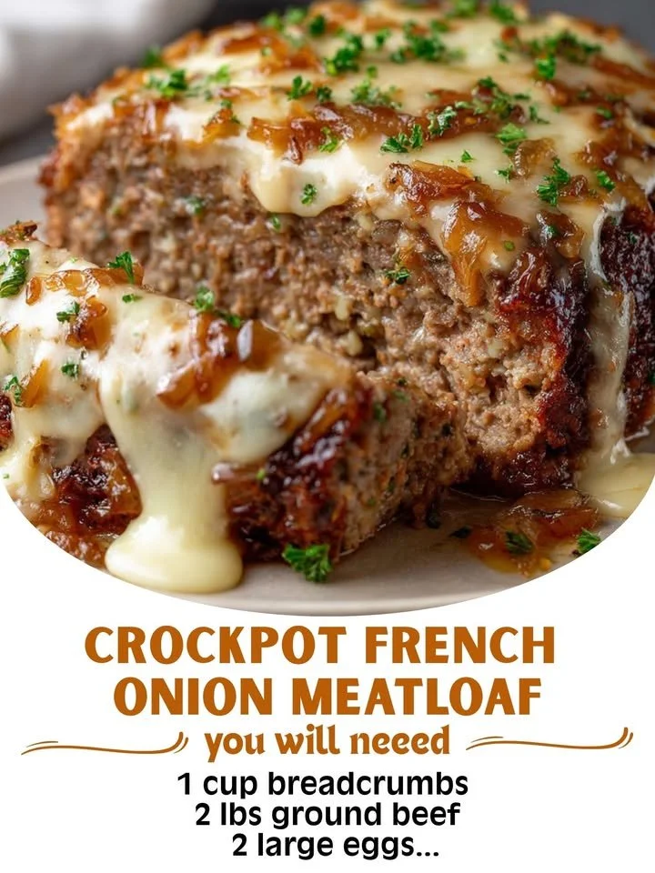 Crockpot French Onion Meatloaf topped with melted Swiss cheese