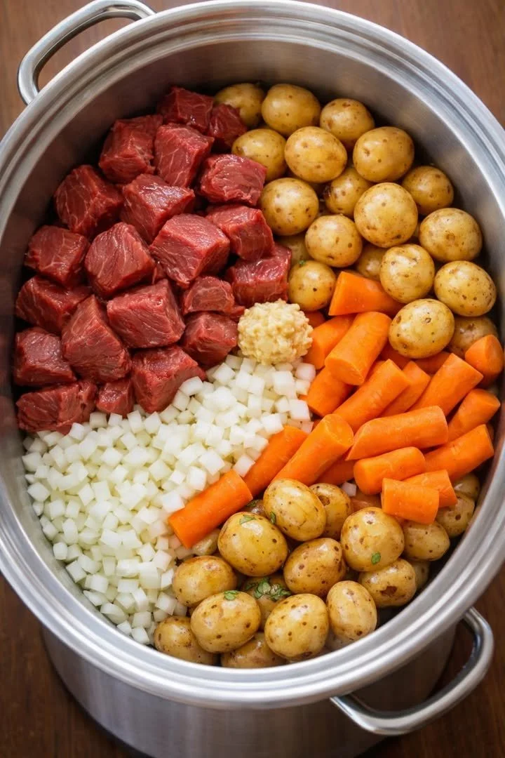 Delicious crockpot garlic butter beef bites with potatoes ready to serve.